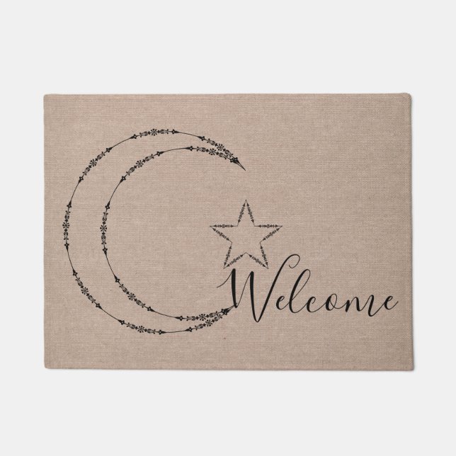 Felpudo Luna y estrellas Celestial Bienvenida faux burlap (Anverso)