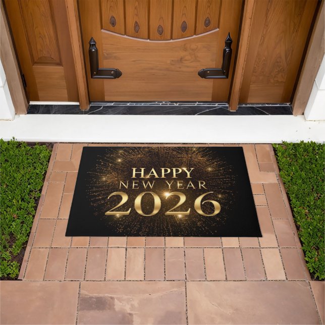 Felpudo Luxury black gold happy new year welcome door mat (Exterior)