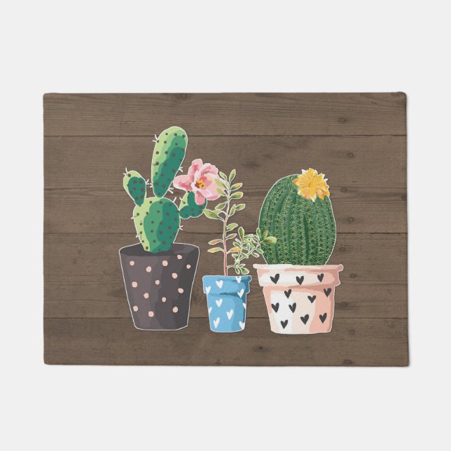 Felpudo Madera de imitación rústica y cactus potentados (Anverso)
