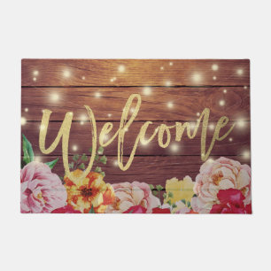 Felpudo Madera Floral String Lights Gold Script Welcome Ma