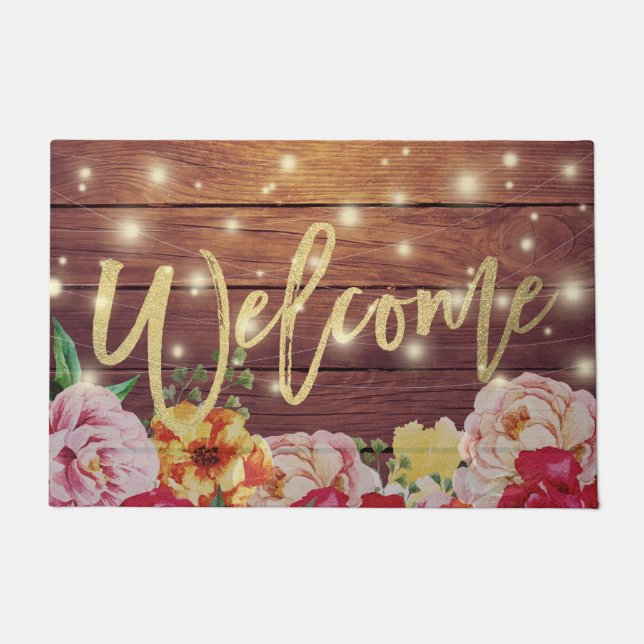 Felpudo Madera Floral String Lights Gold Script Welcome Ma (Anverso)