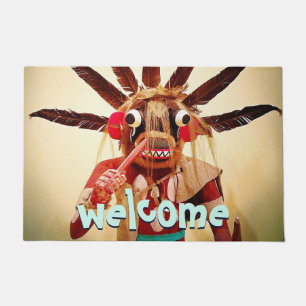 Felpudo Madera Kachina Doll Funny Face Welcome Typography