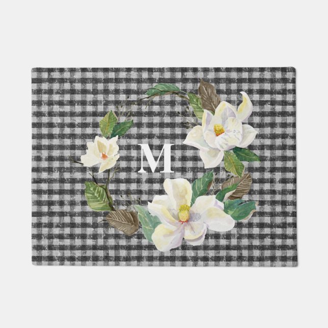Felpudo Magnolia floral monogramada Comprobación en blanco (Anverso)