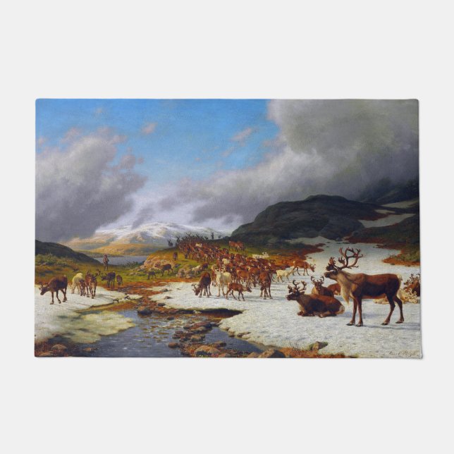 Felpudo Manada de renos en las montañas al norte del campa (Anverso)
