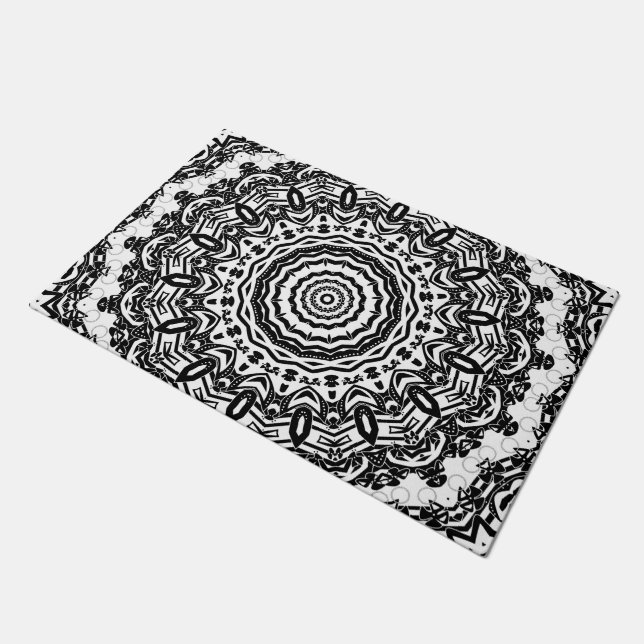 Felpudo Mandala, caleidoscopio, blanco y negro, adorno (Angular)