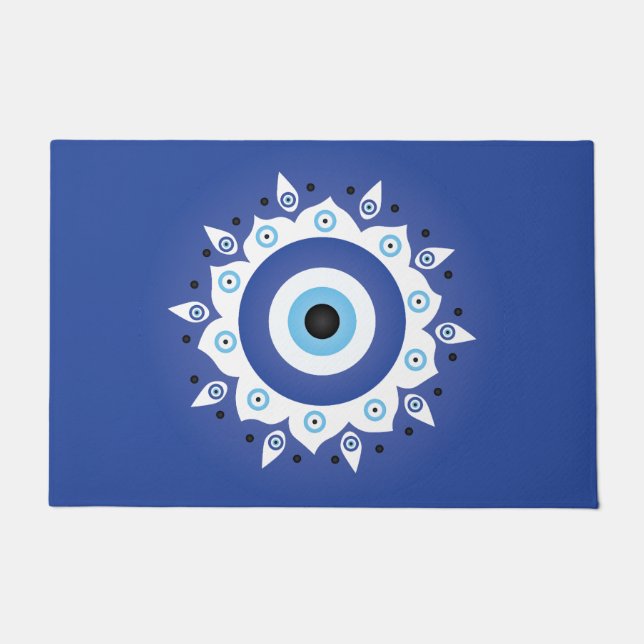 Felpudo Mandala griega malvado Ojo Azul Blanco (Anverso)
