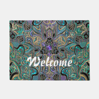 Felpudo Mandala negra púrpura del oro verde azulado