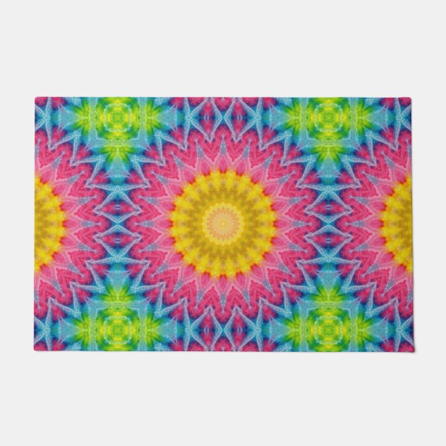 Felpudo Mandalá Tie-Dye de Arcoíris con Simetría Vibrante (Anverso)