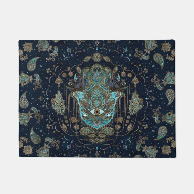 Felpudo Mano Hamsa - Mano de piedras azules de Fátima (Anverso)