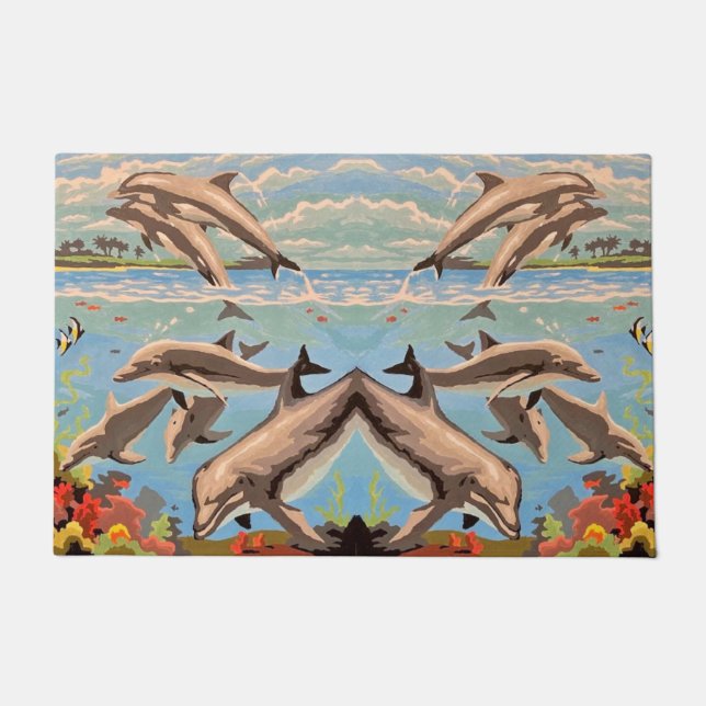 Felpudo Mano Pintada Por Número | Delfines lúdicos | (Anverso)