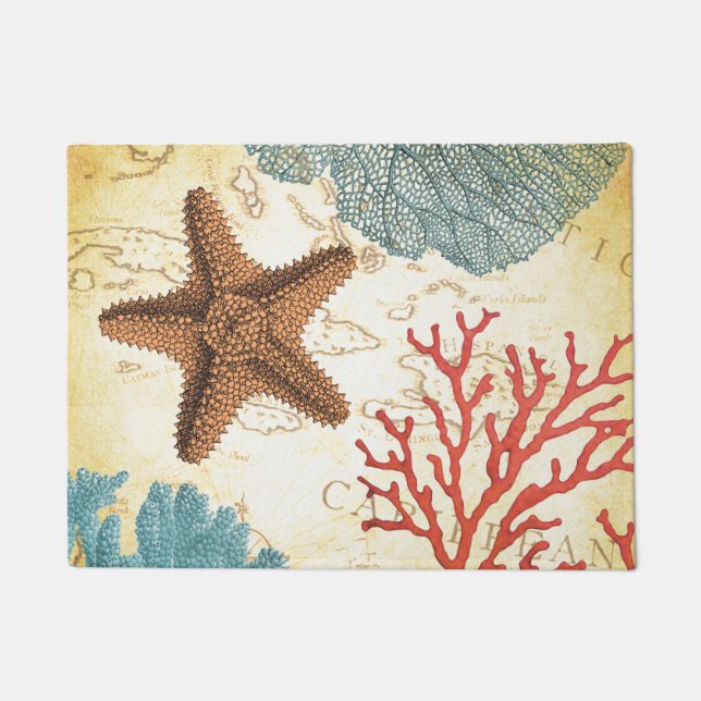 Felpudo Mapa rústico y coral de las estrellas de mar del (Anverso)