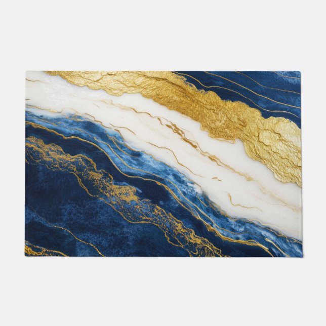 Felpudo Marble de hojas de oro y azul de la marina de lujo (Anverso)