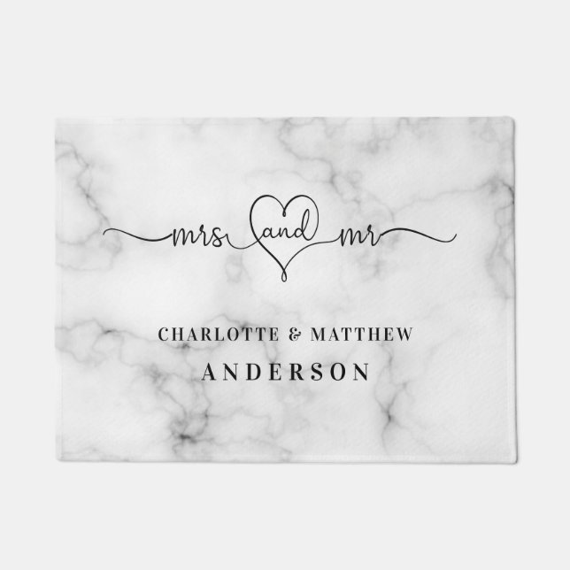 Felpudo Marble white Names mr mrs elegantes recién casados (Anverso)