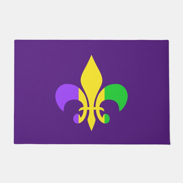 Felpudo Mardi Gras Fleur-de-Lis Púrpura Verde Amarillo (Anverso)