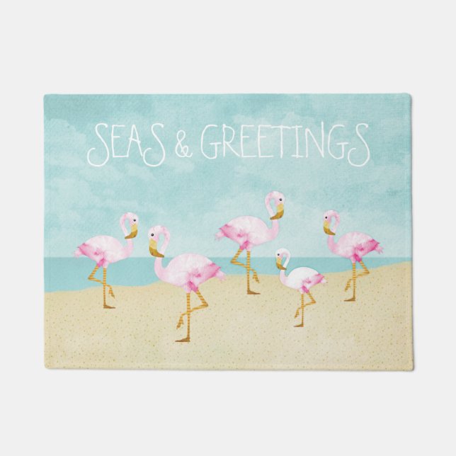 Felpudo Mares y flamencos del rosa de la acuarela de los (Anverso)