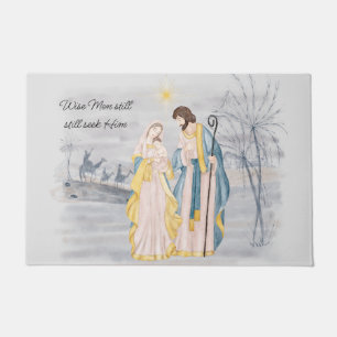 Felpudo María, José y Jesús azul y dorado Navideño 