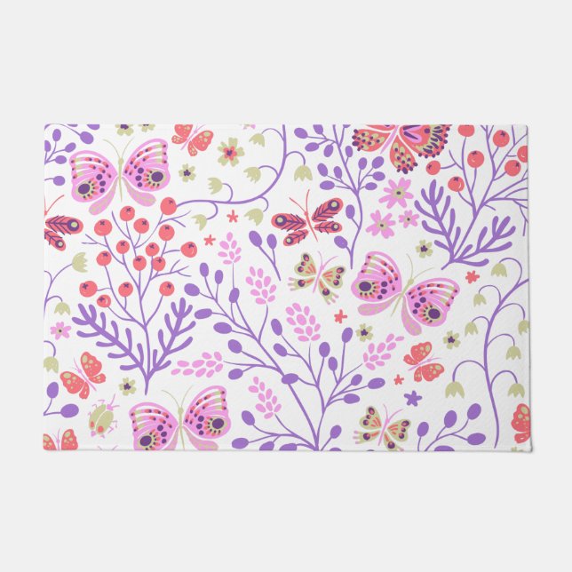 Felpudo Mariposa Colorida Y Rosa De Flores (Anverso)