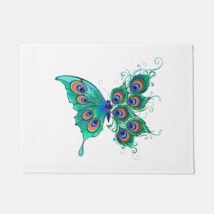 Felpudo Mariposa con plumas de pavo real verde