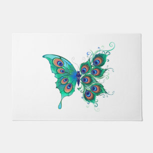 Felpudo Mariposa con plumas de pavo real verde