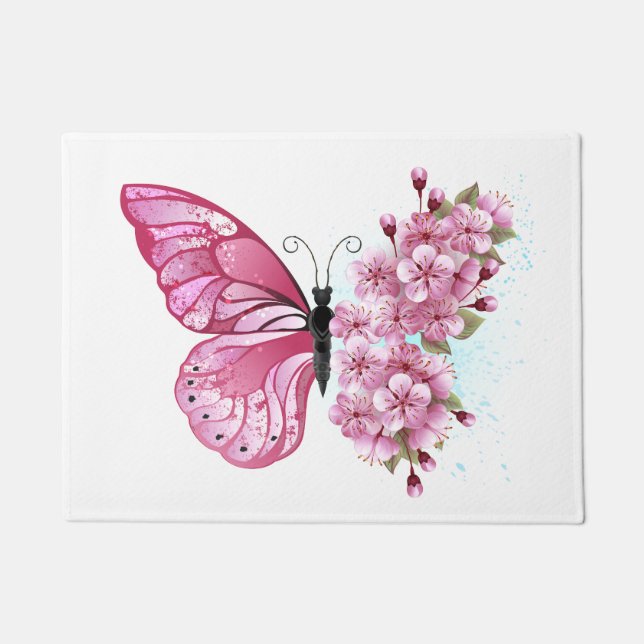 Felpudo Mariposa de flor con Sakura rosa (Anverso)