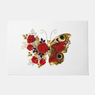 Felpudo Mariposa de flor roja con rosas rojas