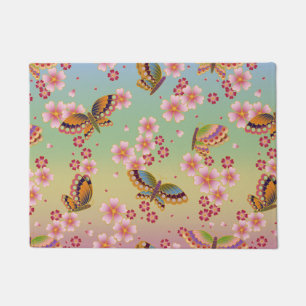 Felpudo Mariposas japonesas en medio del Sakura florecen e