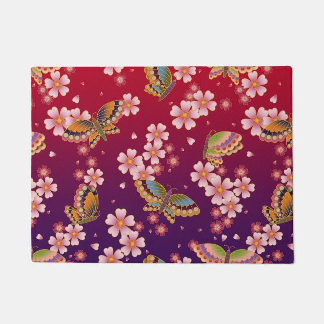 Felpudo Mariposas japonesas en medio del Sakura florecen e (Anverso)