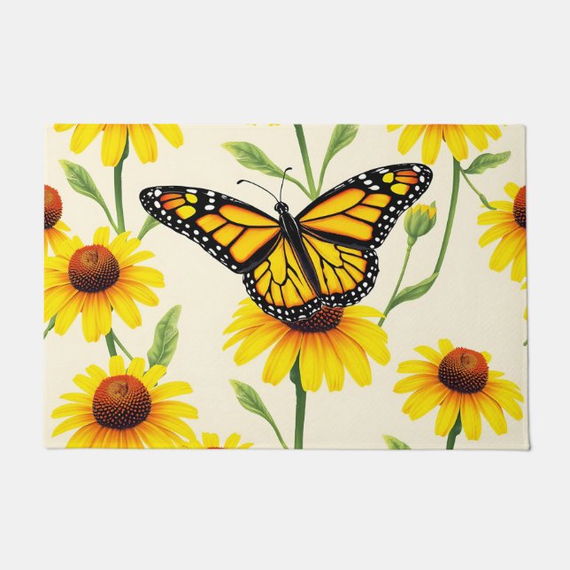 Felpudo Mariposas Monarca Patrón de Margaritas Amarillas (Anverso)
