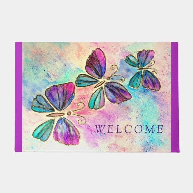 Felpudo Mariposas Púrpura Rosa Doormat (Anverso)