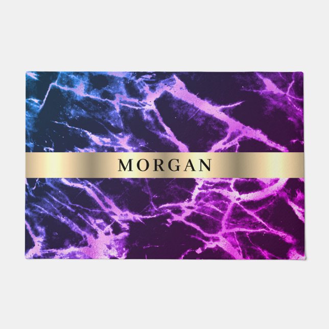 Felpudo Mármol azul y morado negro, nombre en banda de oro (Anverso)