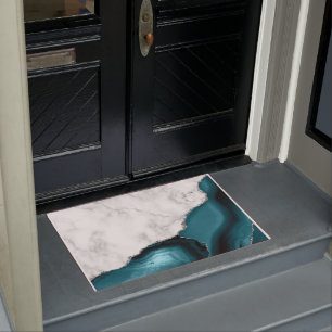 Felpudo Mármol Blanco Brillo Plateado Ágata Azul Teal