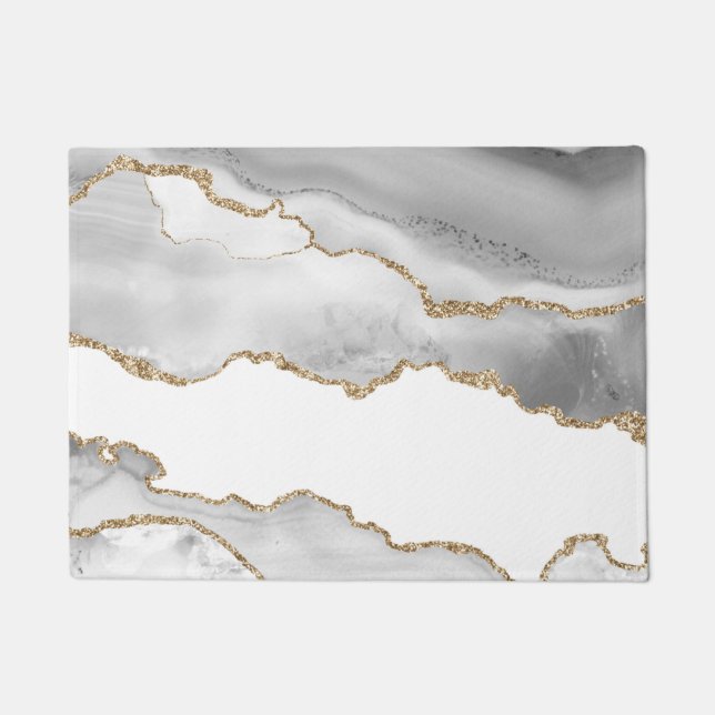 Felpudo Mármol Blanco Gris Ágata Brillante Dorado Refinado (Anverso)