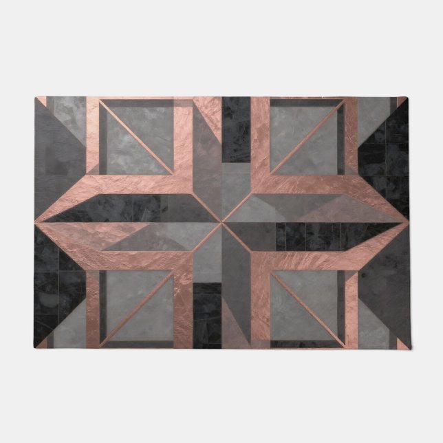 Felpudo Mármol geométrico negro de oro rosa (Anverso)