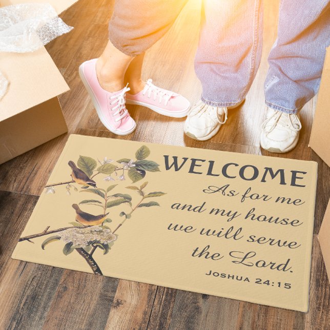 Felpudo Maryland Yellowneck de Audubon y Verse Doormat (Joshua 24:15 with birds on an olive branch is the perfect  housewarming gift for a couple or family.)