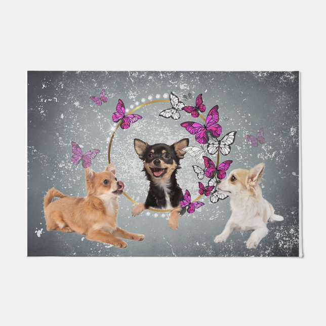 Felpudo Mat De Bienvenida De Perro, Mariposas Graciosas En (Anverso)