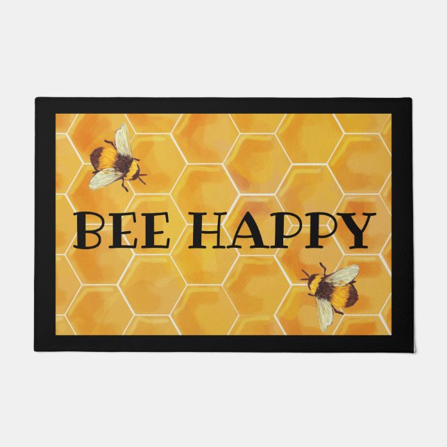 Felpudo Mat de la puerta de Bee Happy con Honeycomb (Anverso)