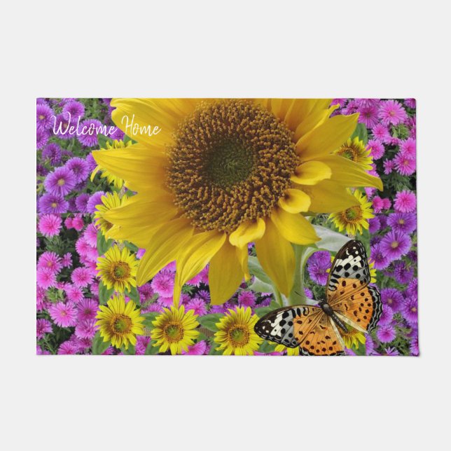 Felpudo Mat de la puerta de la mariposa del girasol (Anverso)