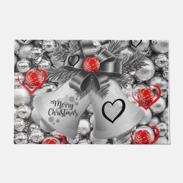 Felpudo Mat de la puerta del navidad, campanas plateadas (Anverso)