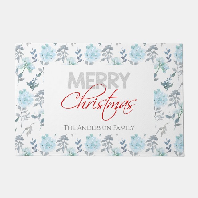 Felpudo Mat de la puerta floral azul y plateado (Anverso)