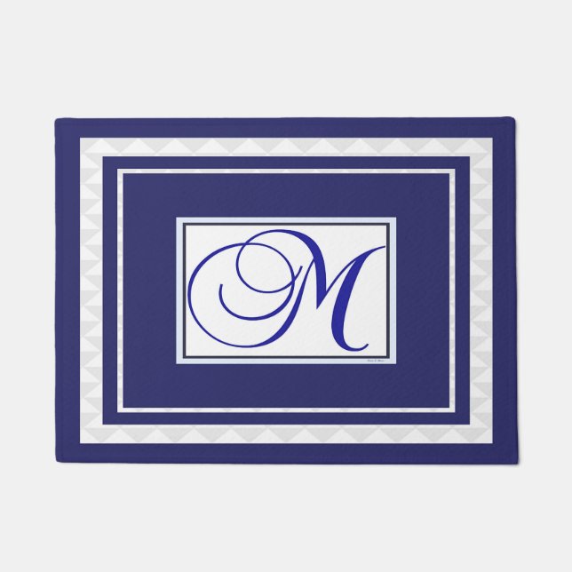 Felpudo Mat de la puerta inicial M Monograma Azul Blanco (Anverso)