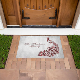 Felpudo Mat de la puerta personalizada del Peacock rojo