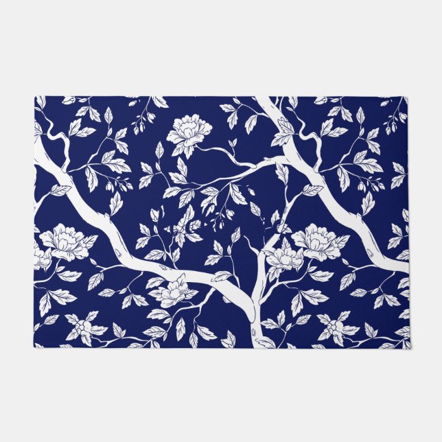 Felpudo Mat de puerta de Chinoiserie azul y blanco (Anverso)