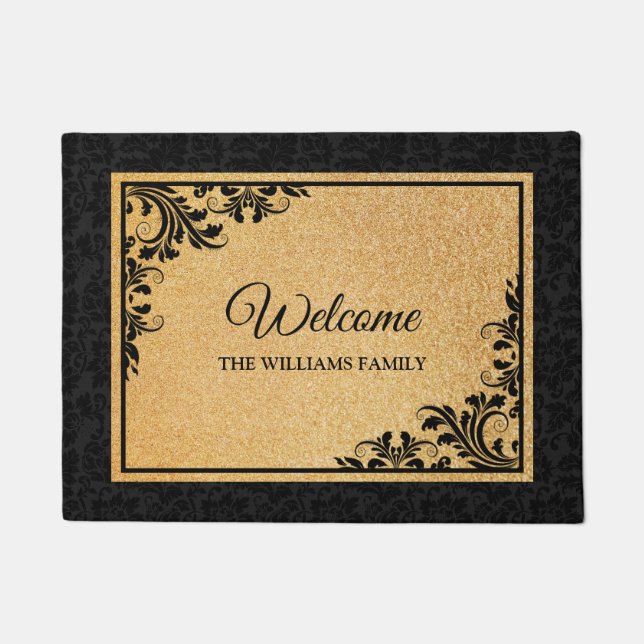 Felpudo Mat de puerta de Damasco negro y Swirls (Anverso)