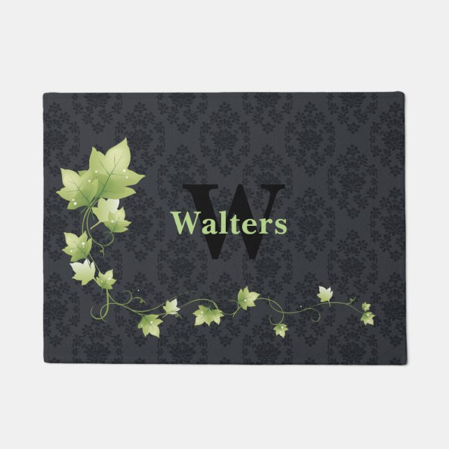 Felpudo Mat de puerta monogramada de Damask negro (Anverso)
