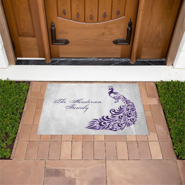 Felpudo Mat de puerta personalizada de pavo real morado (Exterior)