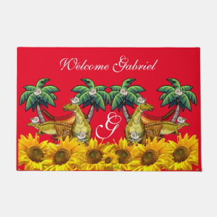 Felpudo Mat de puertas de dinosaurio rojo floral de giraso