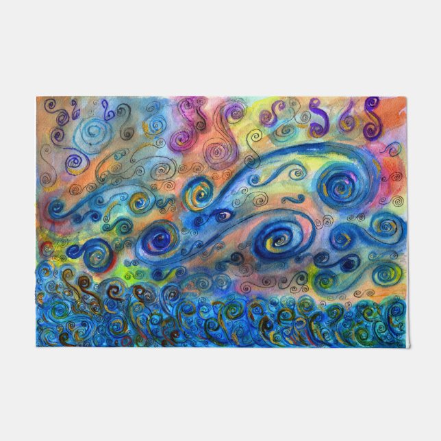 Felpudo Matas de puertas eclécticas - Arte eólico azul - R (Anverso)