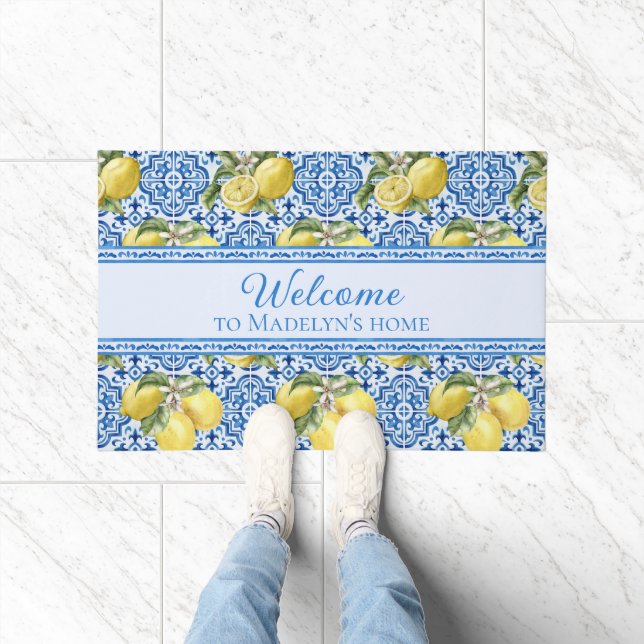 Felpudo Mediterranean Lemon Blue Tile Personalized Welcome (Interior)