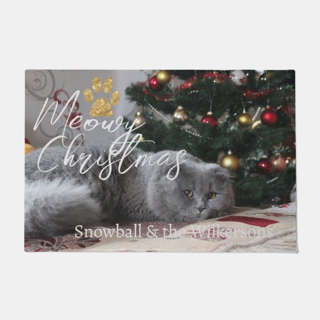 Felpudo Meowy Navidades Personalizado Cat Photo & Paw (Anverso)