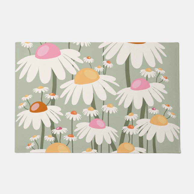 Felpudo Mercado de flores Tokio Retro Daisies Sage Green (Anverso)